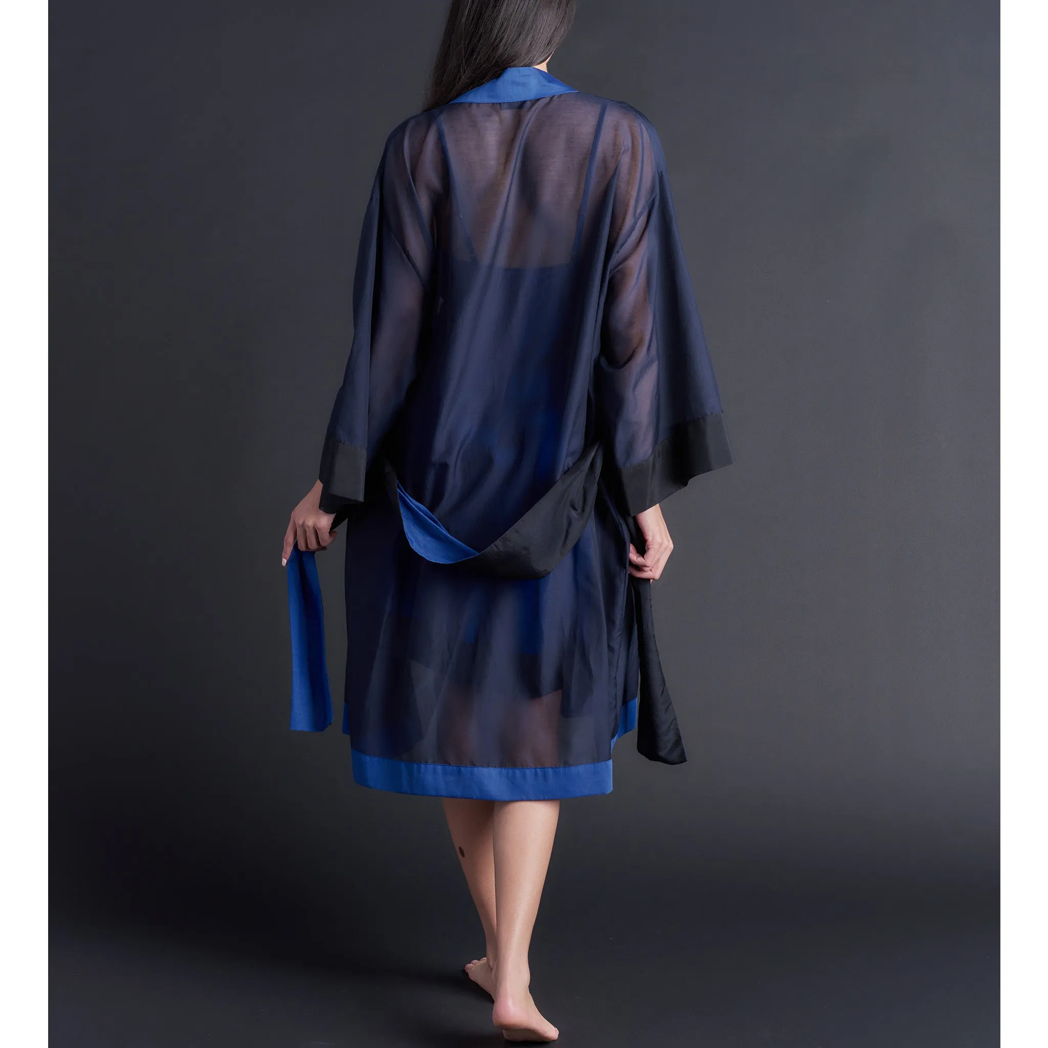 Selene Knee Length Robe in Color-block Sapphire Silk Cotton Voile