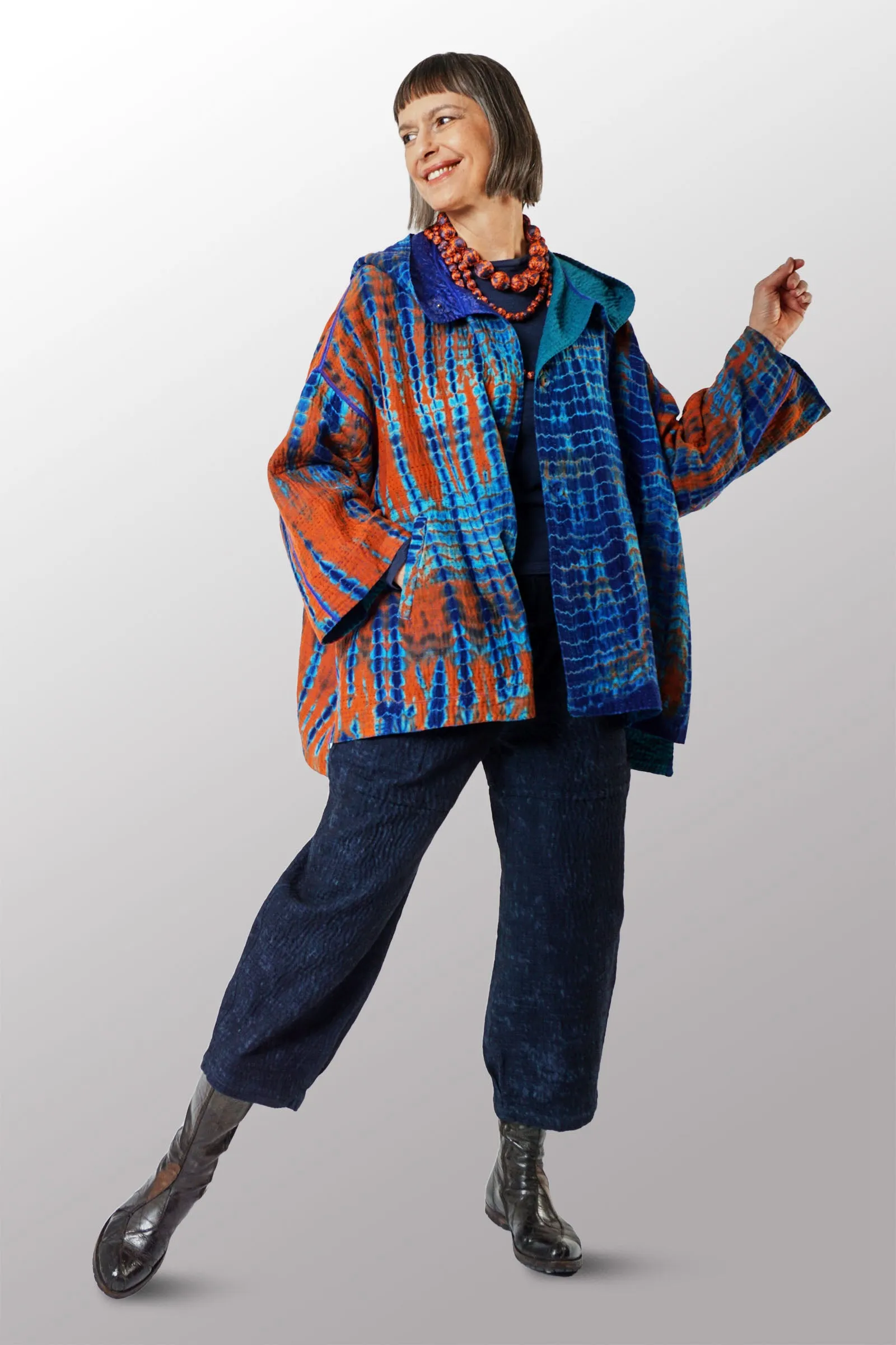 SERPENT SHIBORI TIE DYE HOODIE PONCHO - se4064-org -