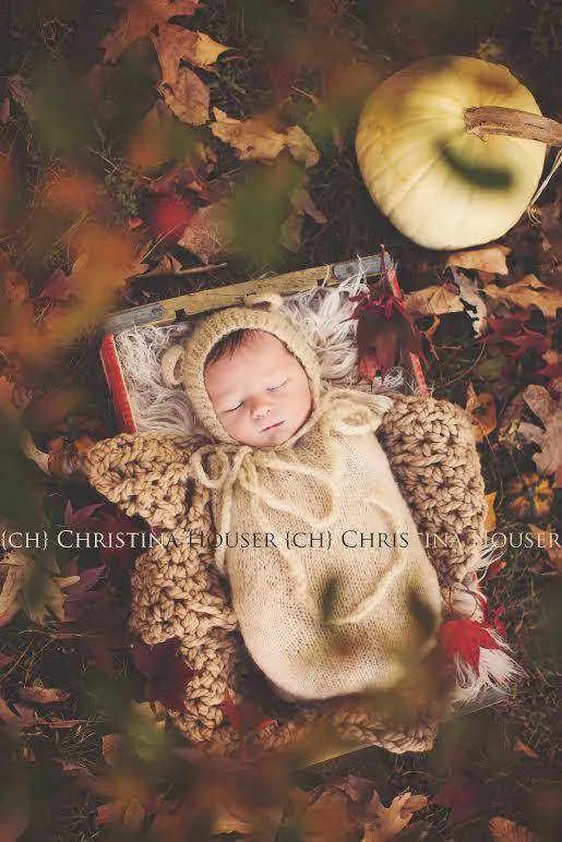 SET Beige Mohair Teddy Bear Hat and Knit Swaddle Cocoon Sack