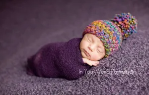 SET Curly Pom Hat and Purple Stretch Knit Wrap