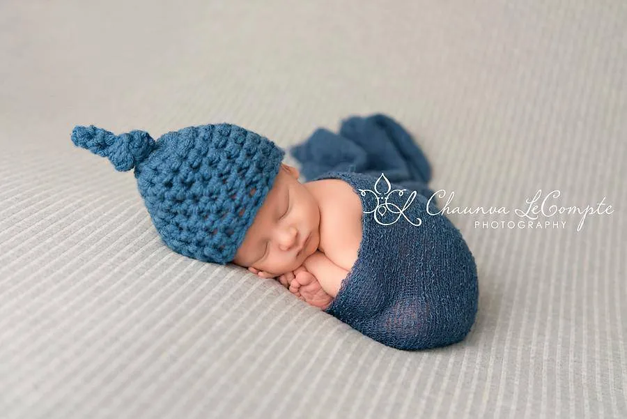 SET Denim Blue Newborn Knot Hat and Stretch Knit Wrap