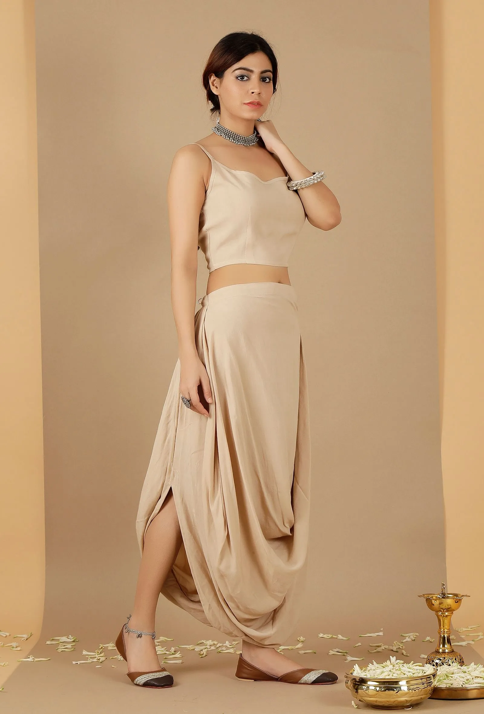 Set Of 2: Beige Plain Crop Top & Drape Skirt