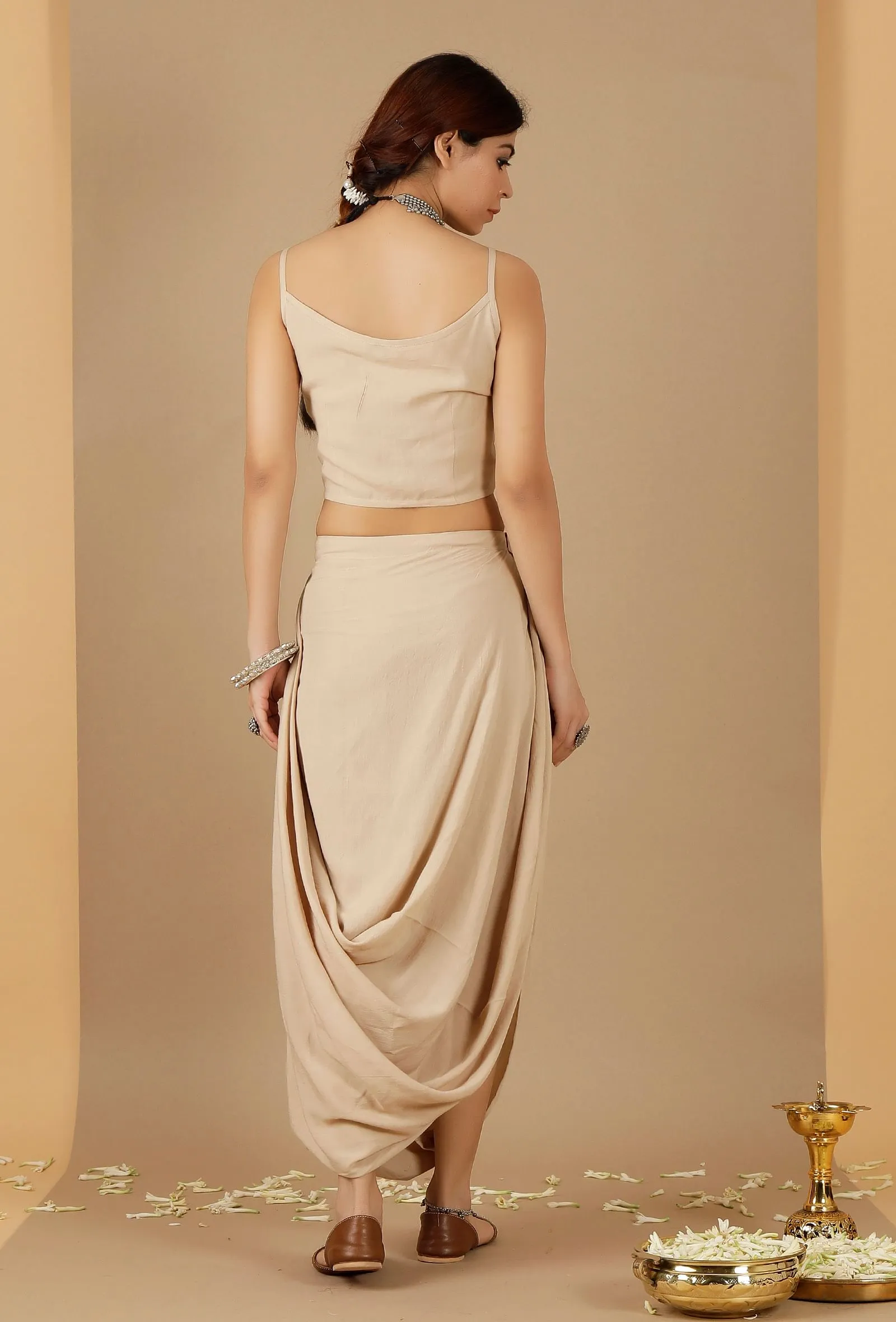 Set Of 2: Beige Plain Crop Top & Drape Skirt