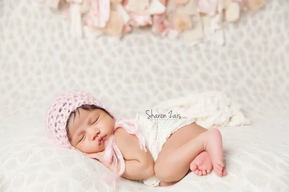 SET Pink Mohair Baby Bonnet Hat and Cream Ruffle Wrap