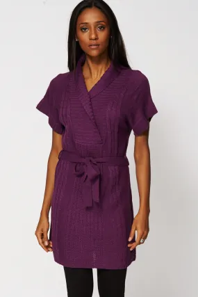 Shawl Collar Belted Knit Dress In Purple