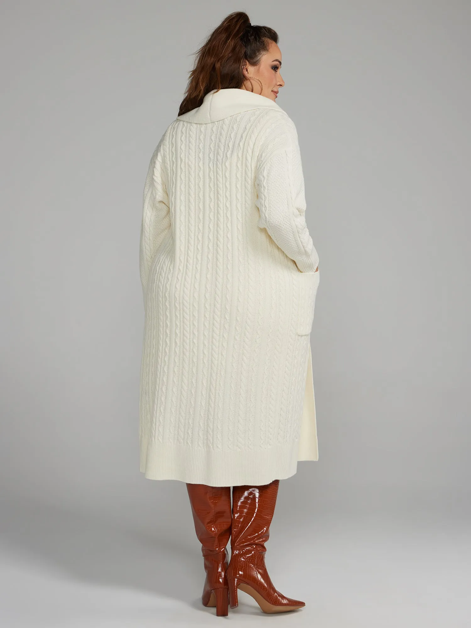 Shawl Collar Cable Knit Long Cardigan