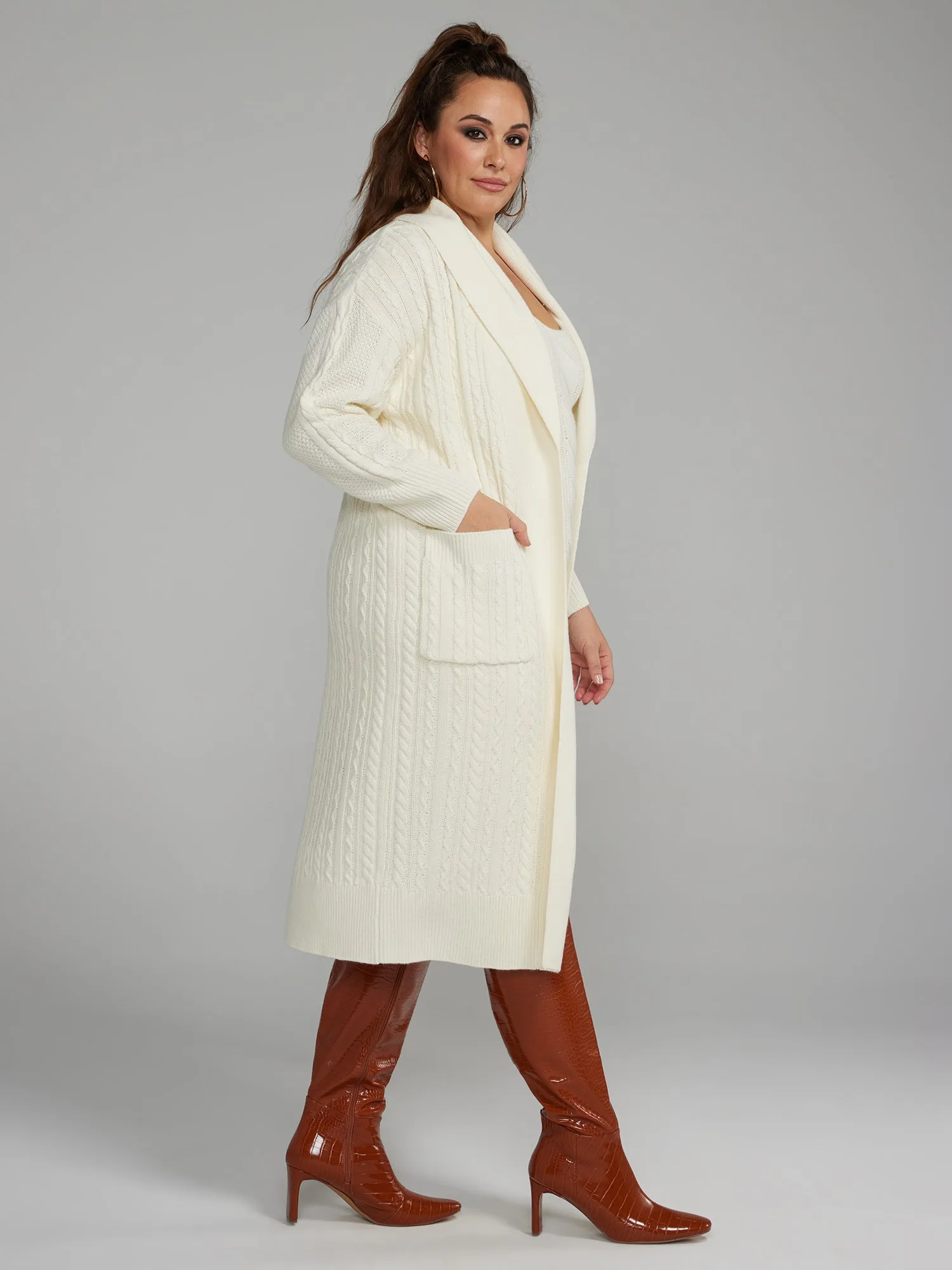 Shawl Collar Cable Knit Long Cardigan