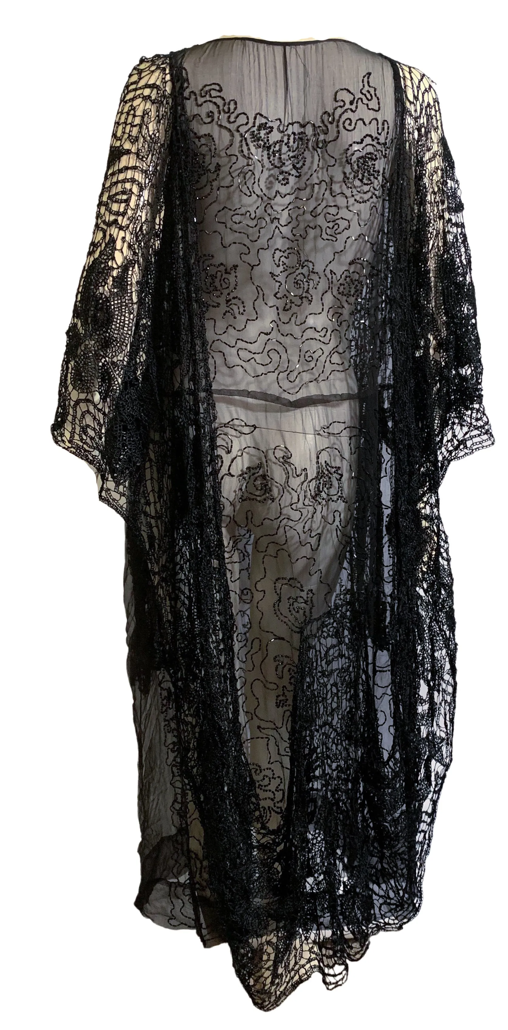 Sheer Black Silk Beaded Dress with Spanish Shawl Inspired Crochet Adornment circa 1920s