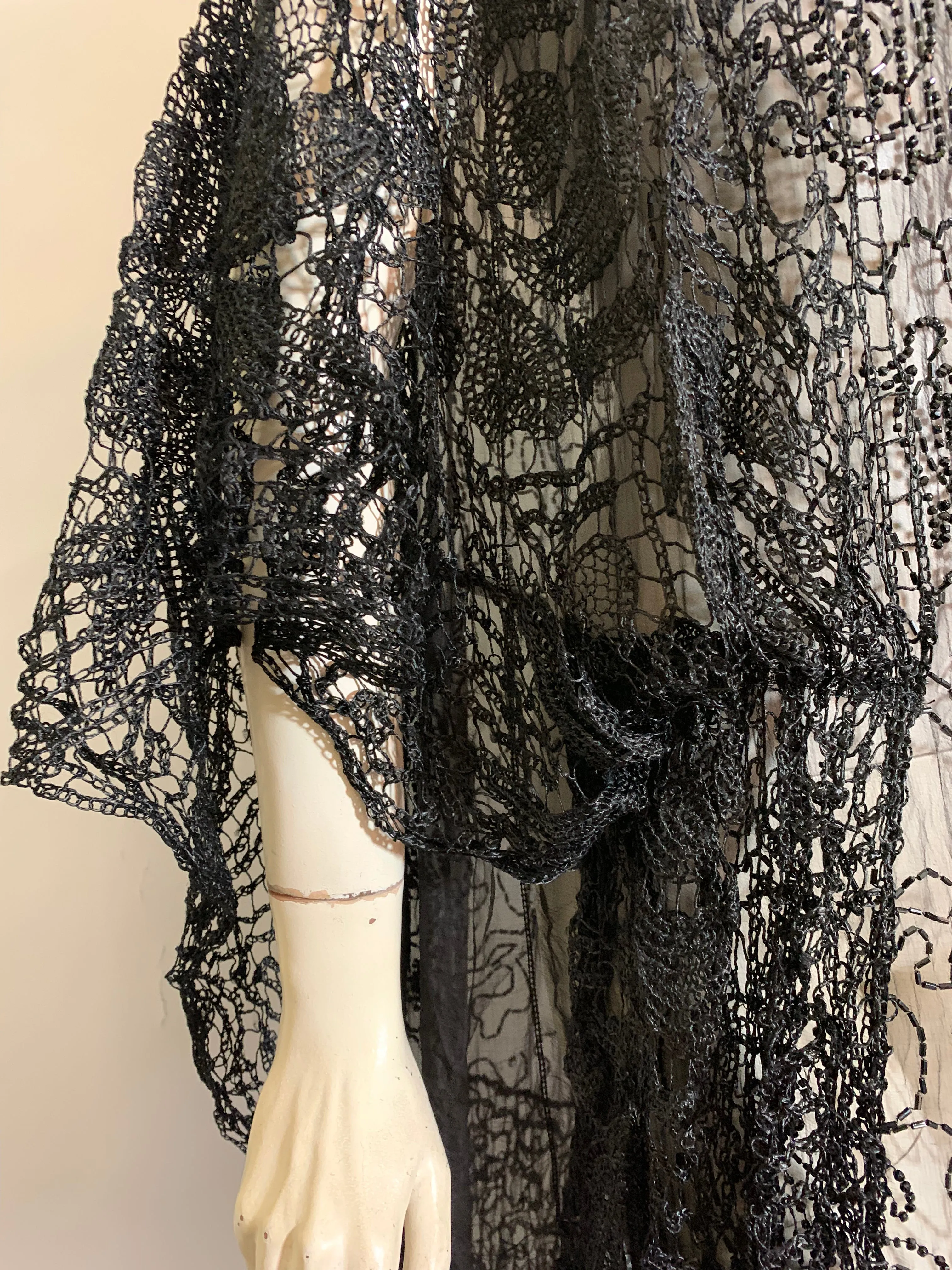 Sheer Black Silk Beaded Dress with Spanish Shawl Inspired Crochet Adornment circa 1920s