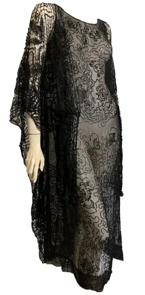 Sheer Black Silk Beaded Dress with Spanish Shawl Inspired Crochet Adornment circa 1920s