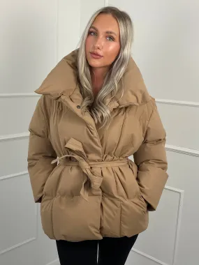 Short Belted Puffer Jacket- Beige