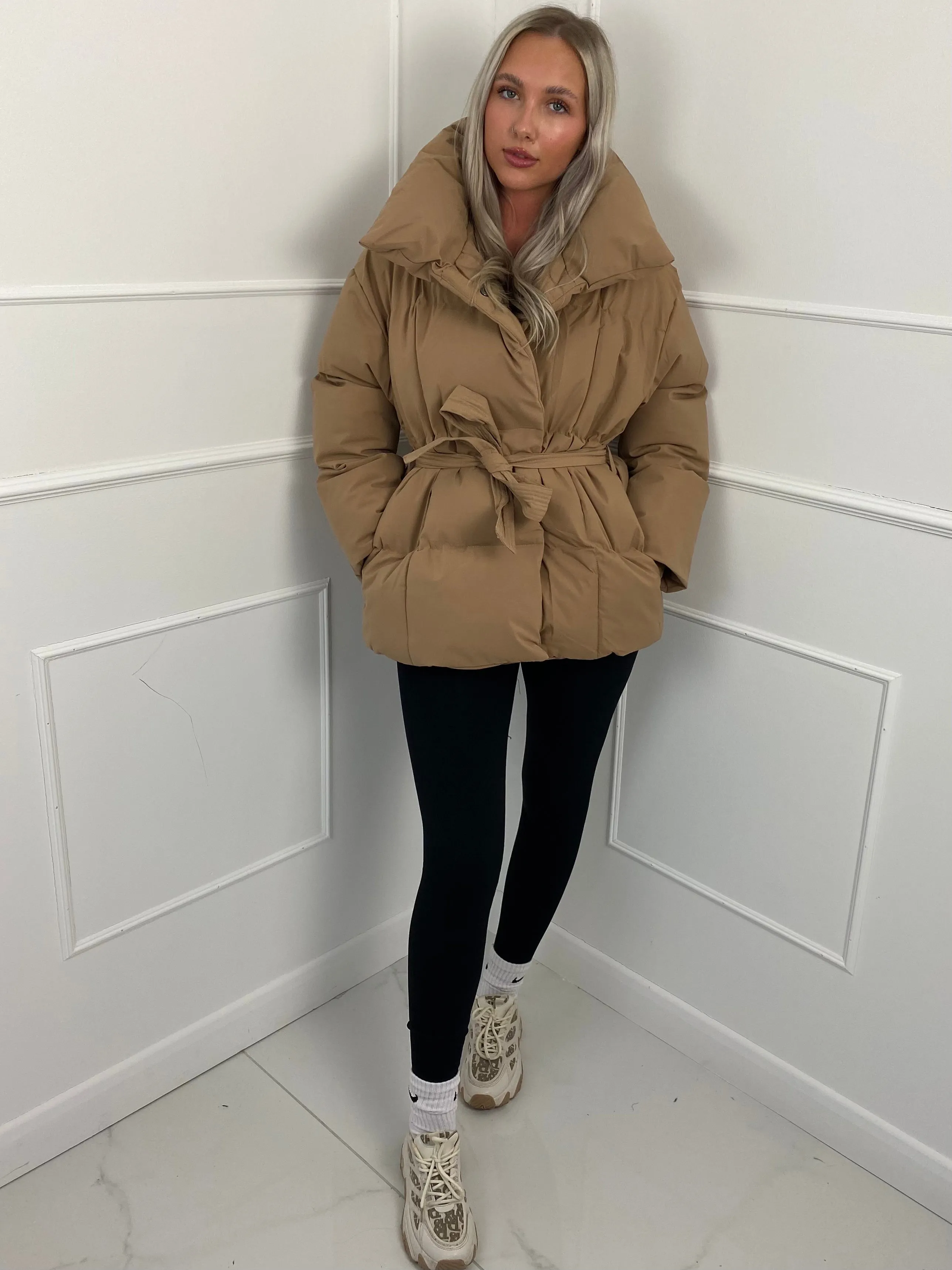 Short Belted Puffer Jacket- Beige