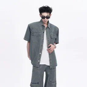 Short Sleeve Denim Jacket & Multiple Pocket Washed Cargo Denim Jeans Setup WN6842