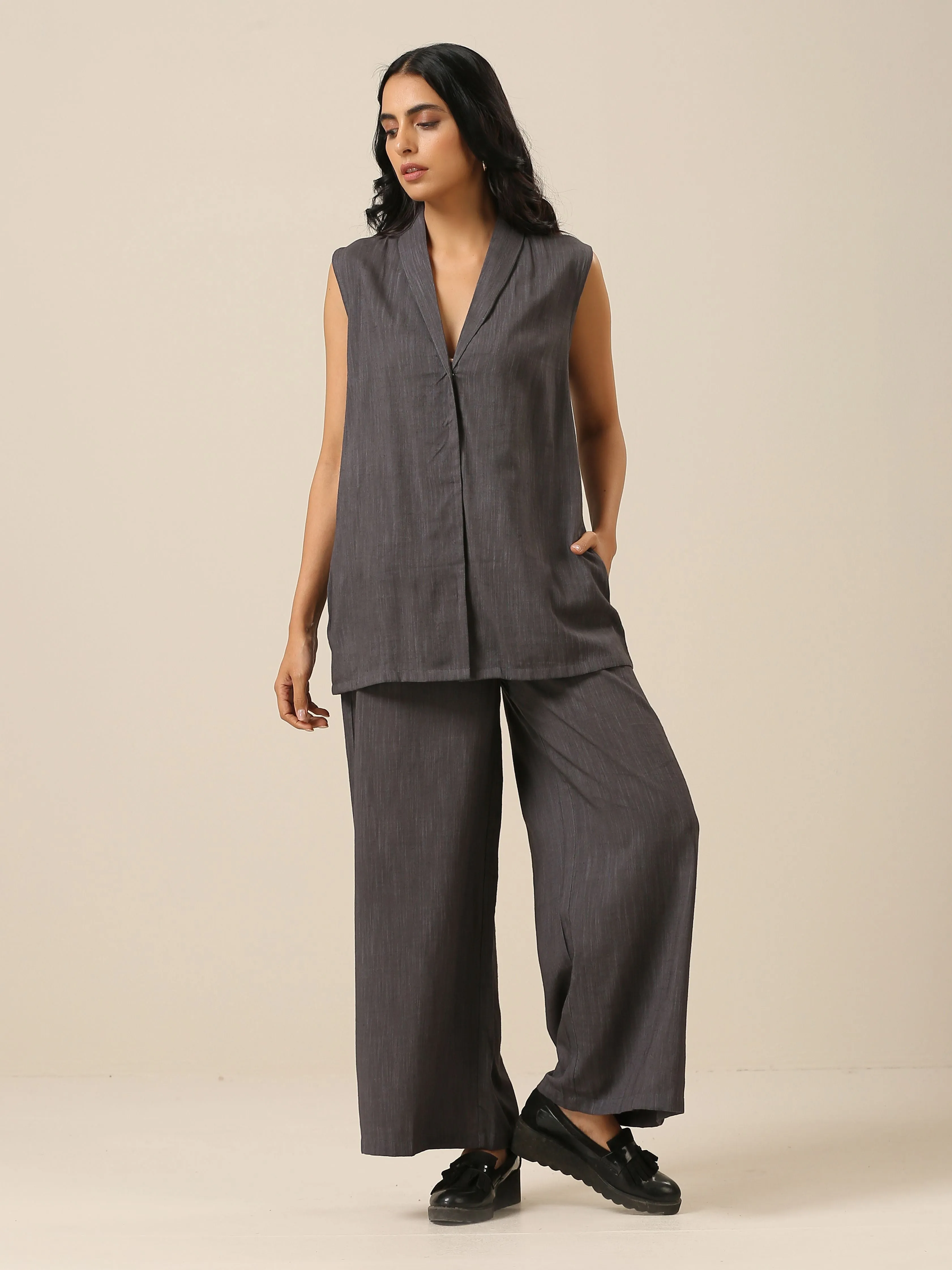 Slate Grey Slub Texture Sleevesless Jacket Pant Set