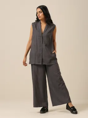 Slate Grey Slub Texture Sleevesless Jacket Pant Set