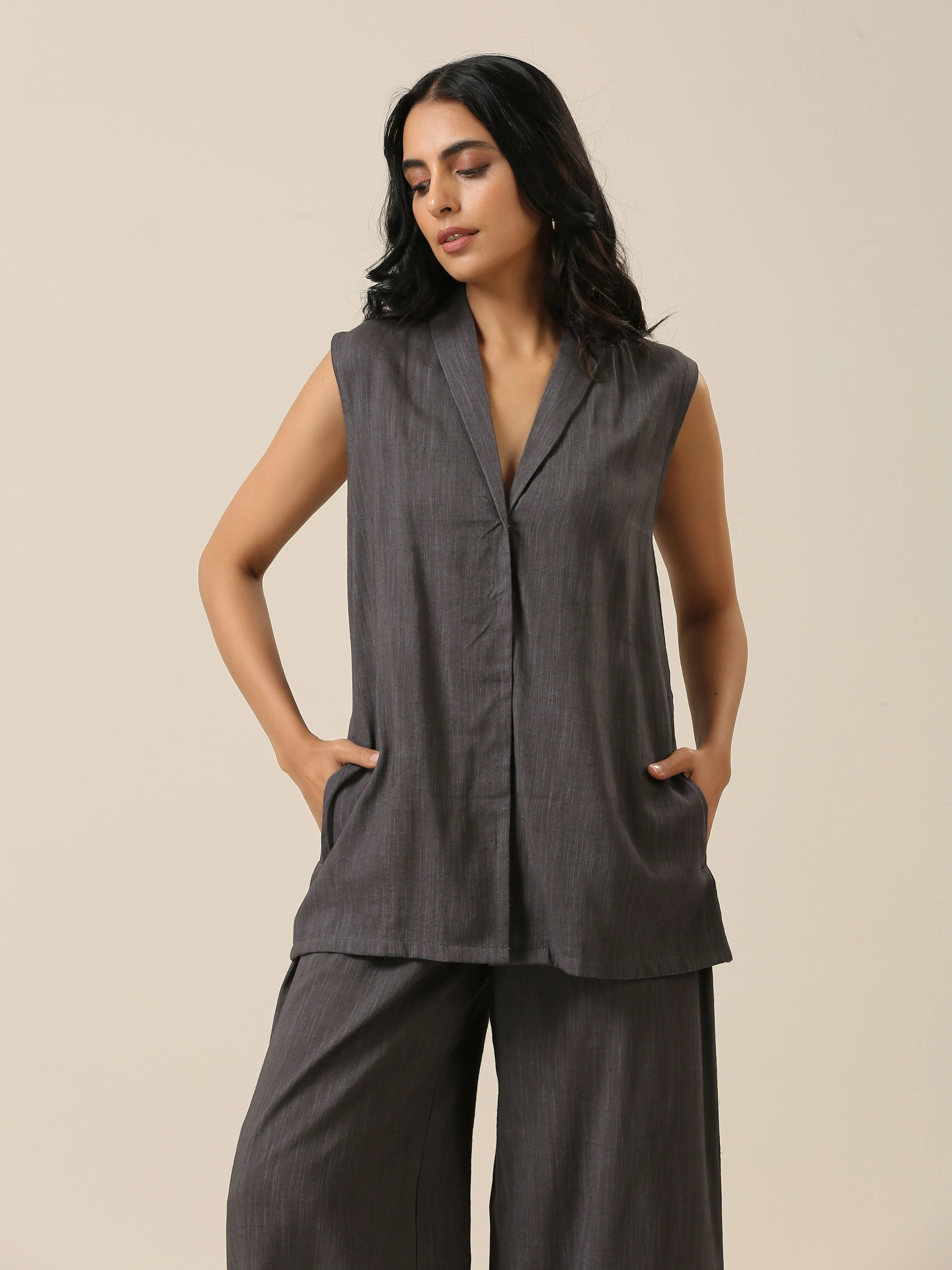 Slate Grey Slub Texture Sleevesless Jacket Pant Set