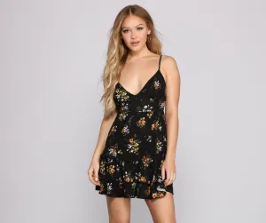 Sleeveless V Neck Ruffled Floral Mini Dress