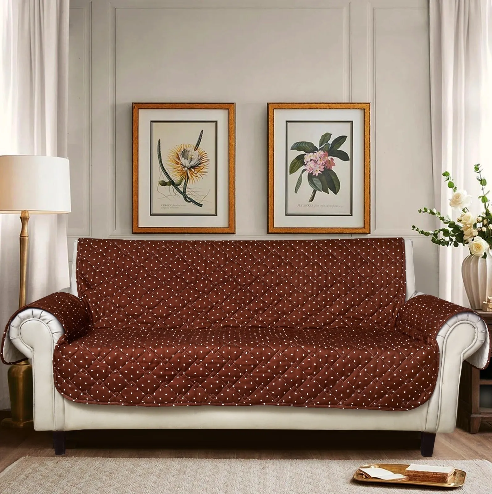 Sofa Cover-Brown Polka With Pockets