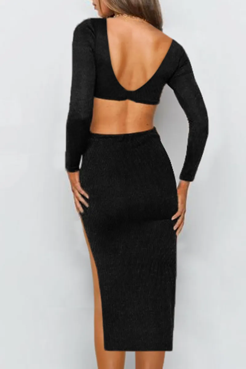 Solid Hollowed Out Backless Slit V Neck Pencil Skirt Dresses