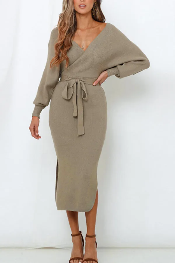 Solid Lace-up Slit V-neck Knit Dress