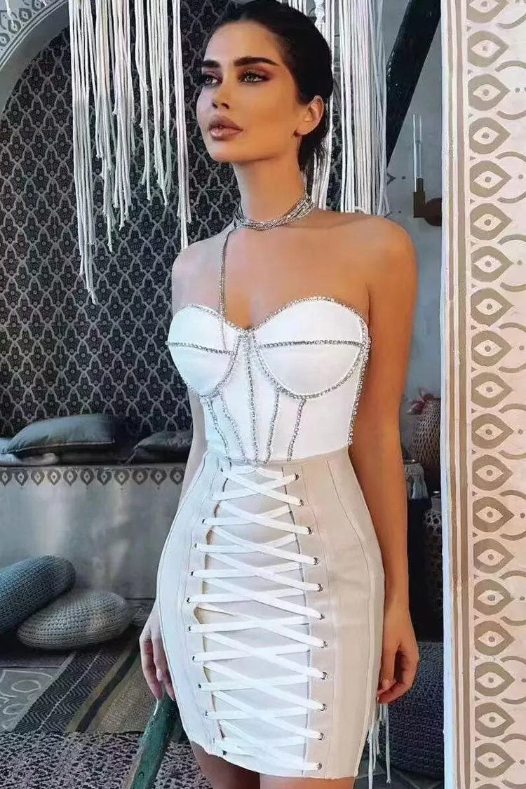 Sparkly Rhinestone Strapless Lace Up Bodycon Bandage Mini Dress - White