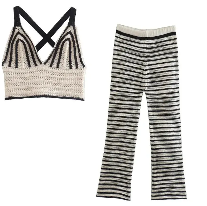 Striped Knitted Halter neck Vest Trousers Set