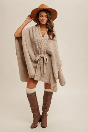 Taupe Cable Knit Belted Sweater Casual Fall Winter Poncho Wrap Top