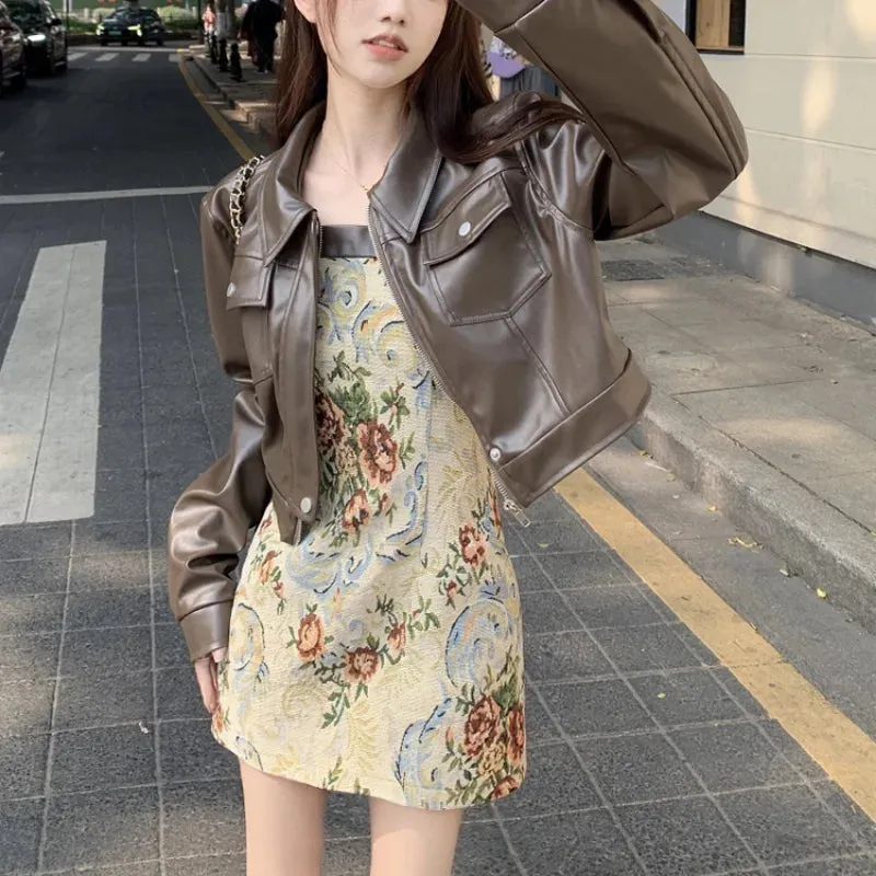 Territory 2024 Spring New Streetwear Floral Printed Sexy Slim Suspender Dress Women  Solid Color Casual Long-sleeved Jacket Two-piece Suit