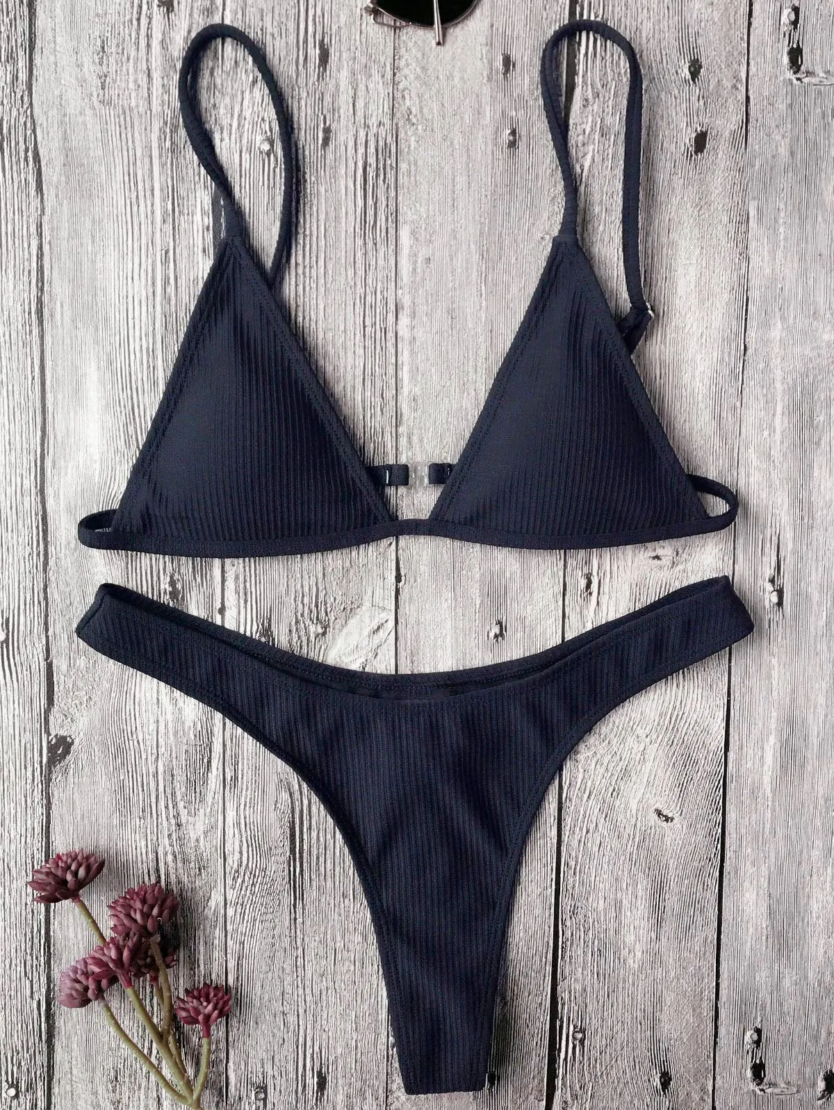 Textured Plunge Bikini Top and Thong Bottoms