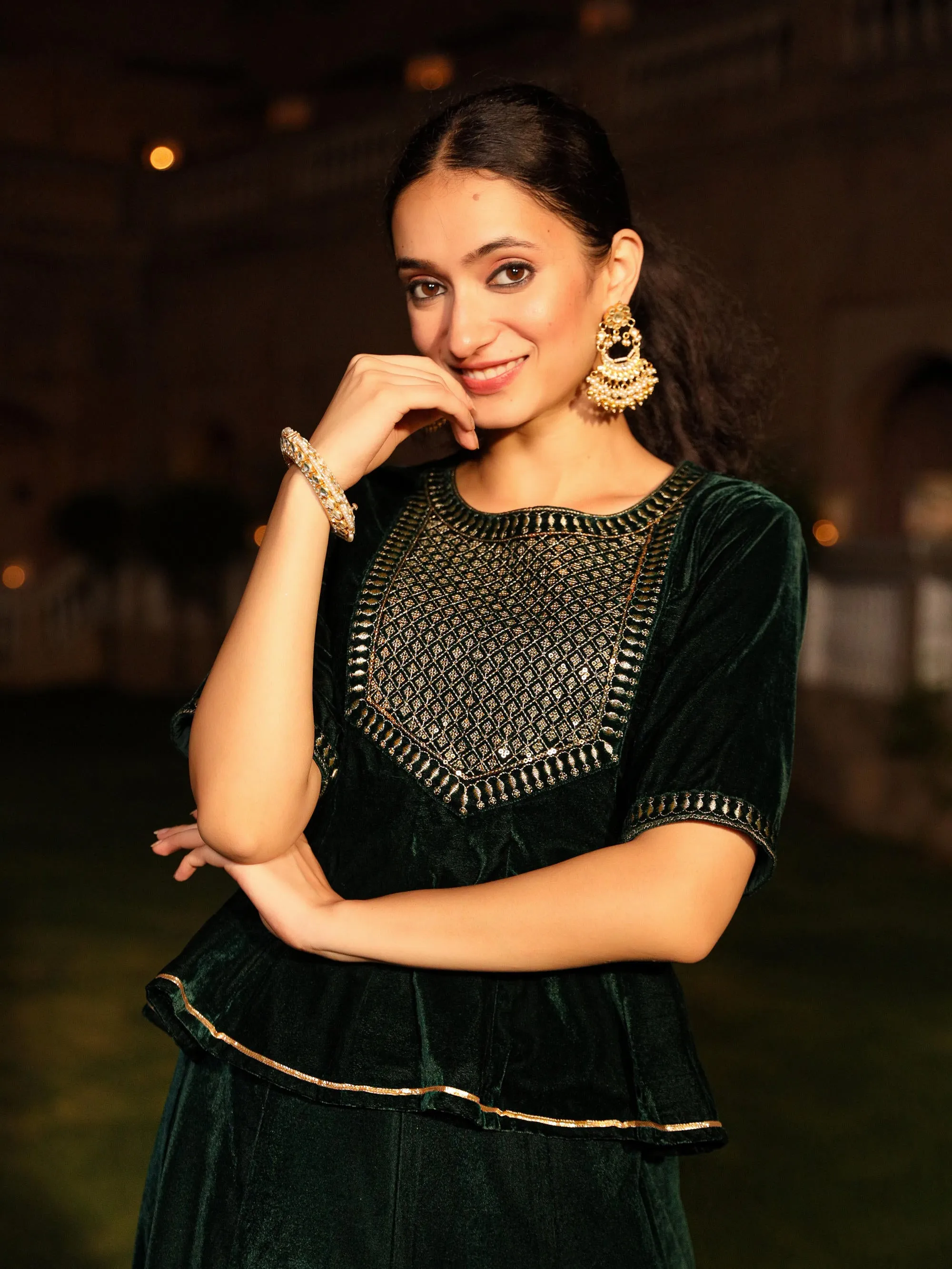 The Sunehri Green Zari Embroidered Velvet Top & Skirt Set With Sequins & Lace