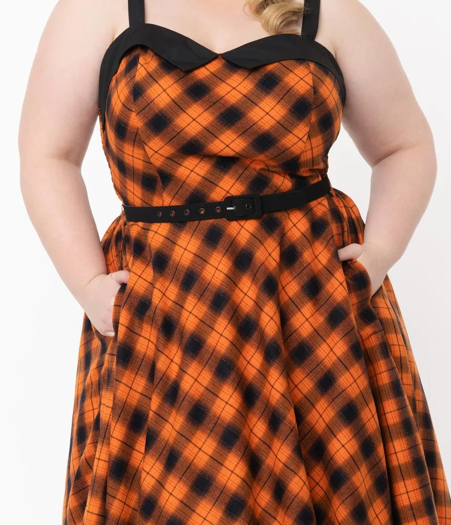 Unique Vintage Orange & Dark Navy Plaid Rachel Swing Dress (L  ONLY)