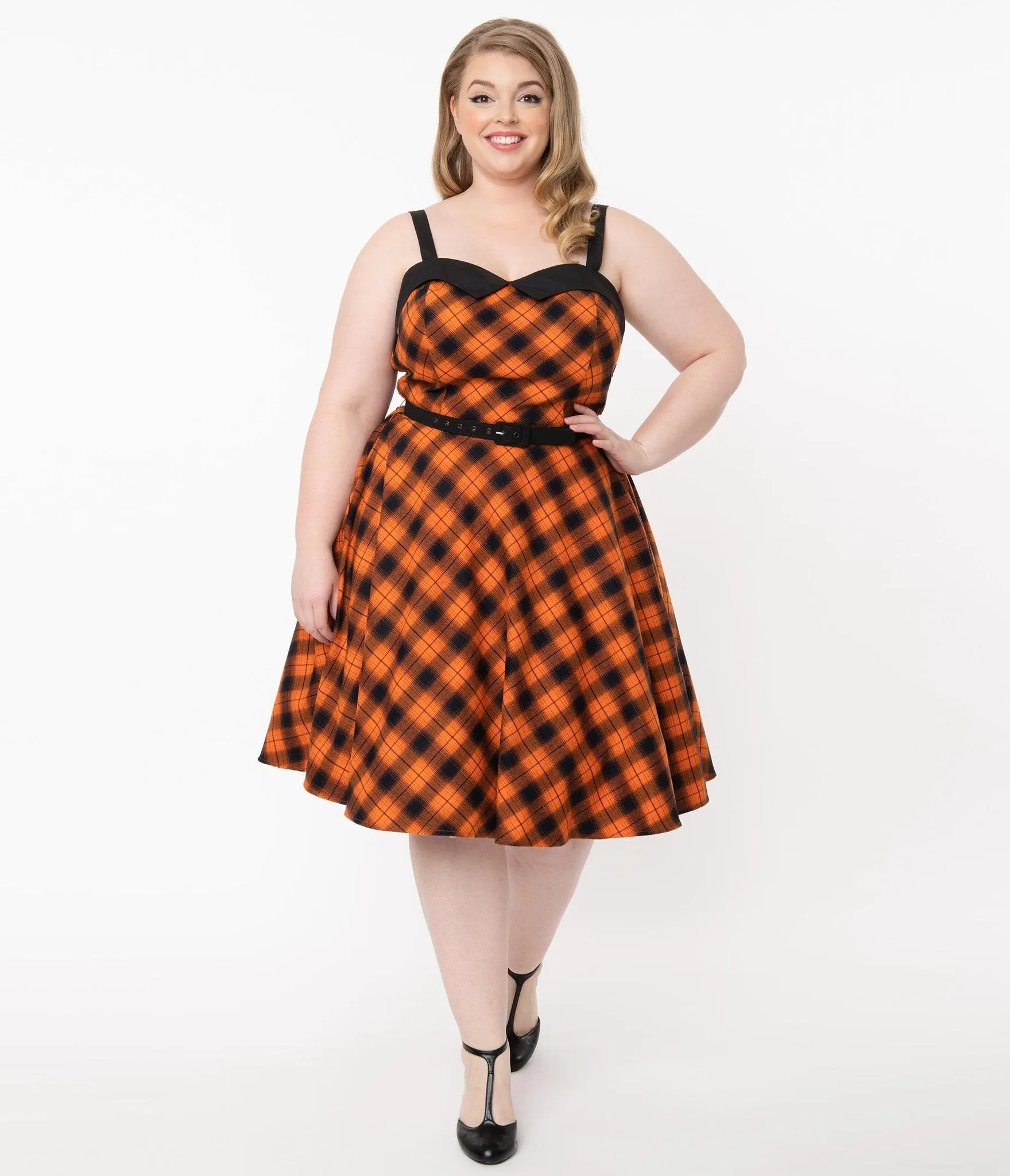 Unique Vintage Orange & Dark Navy Plaid Rachel Swing Dress (L  ONLY)