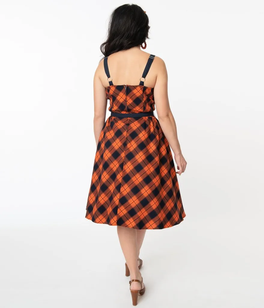 Unique Vintage Orange & Dark Navy Plaid Rachel Swing Dress (L  ONLY)