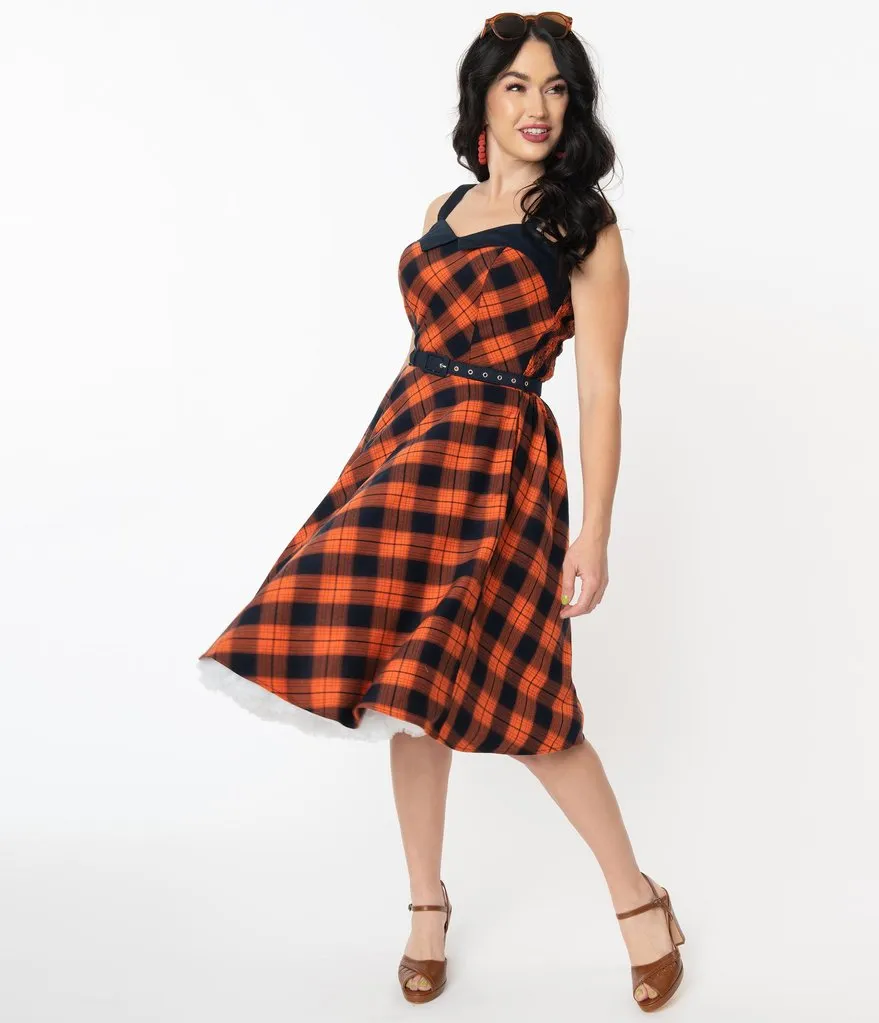 Unique Vintage Orange & Dark Navy Plaid Rachel Swing Dress (L  ONLY)