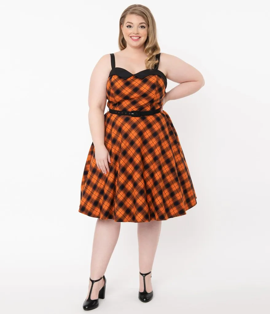 Unique Vintage Orange & Dark Navy Plaid Rachel Swing Dress (L  ONLY)