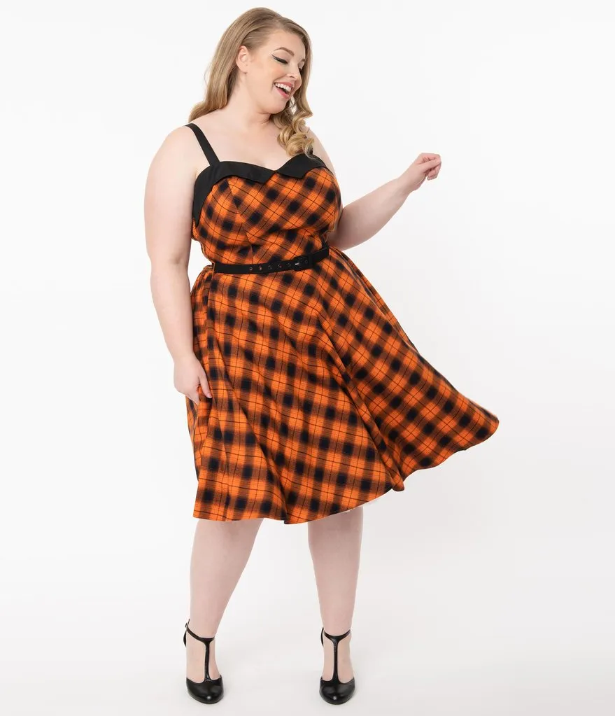 Unique Vintage Orange & Dark Navy Plaid Rachel Swing Dress (L  ONLY)