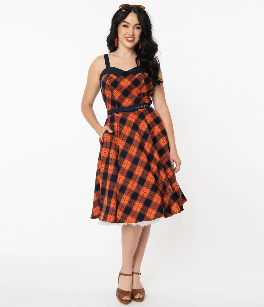 Unique Vintage Orange & Dark Navy Plaid Rachel Swing Dress (L  ONLY)