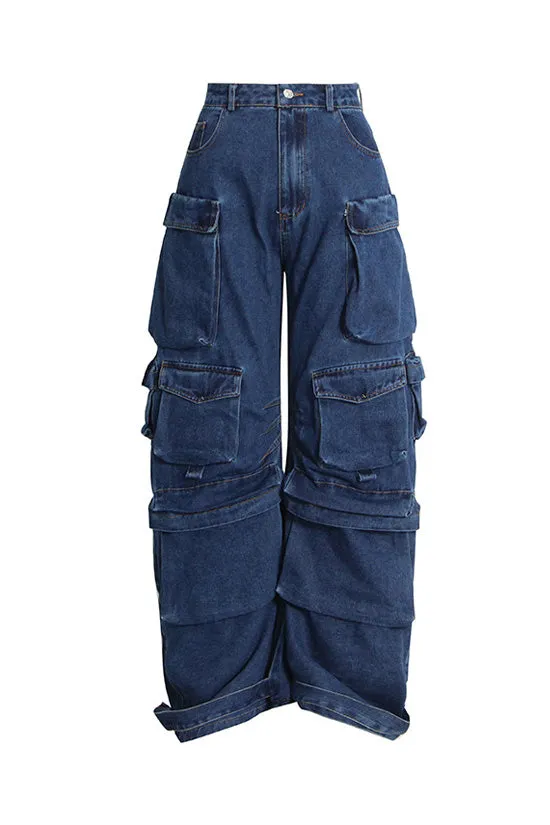 Urban Multiple Pocket Ruched High Waist Full Length Horseshoe Cargo Jeans