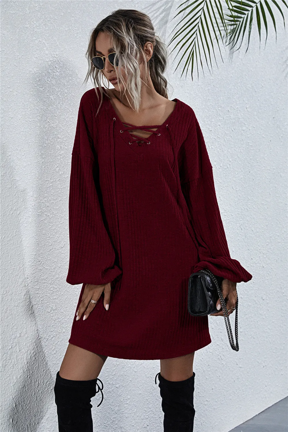 V-neck Lace Up Knit Dress