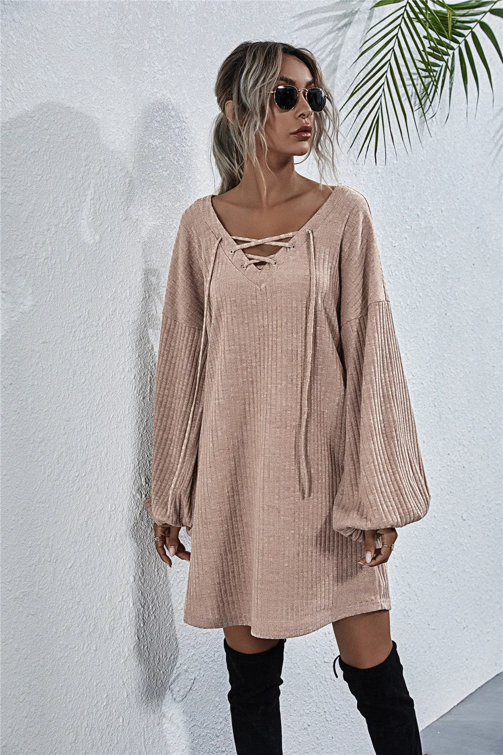 V-neck Lace Up Knit Dress