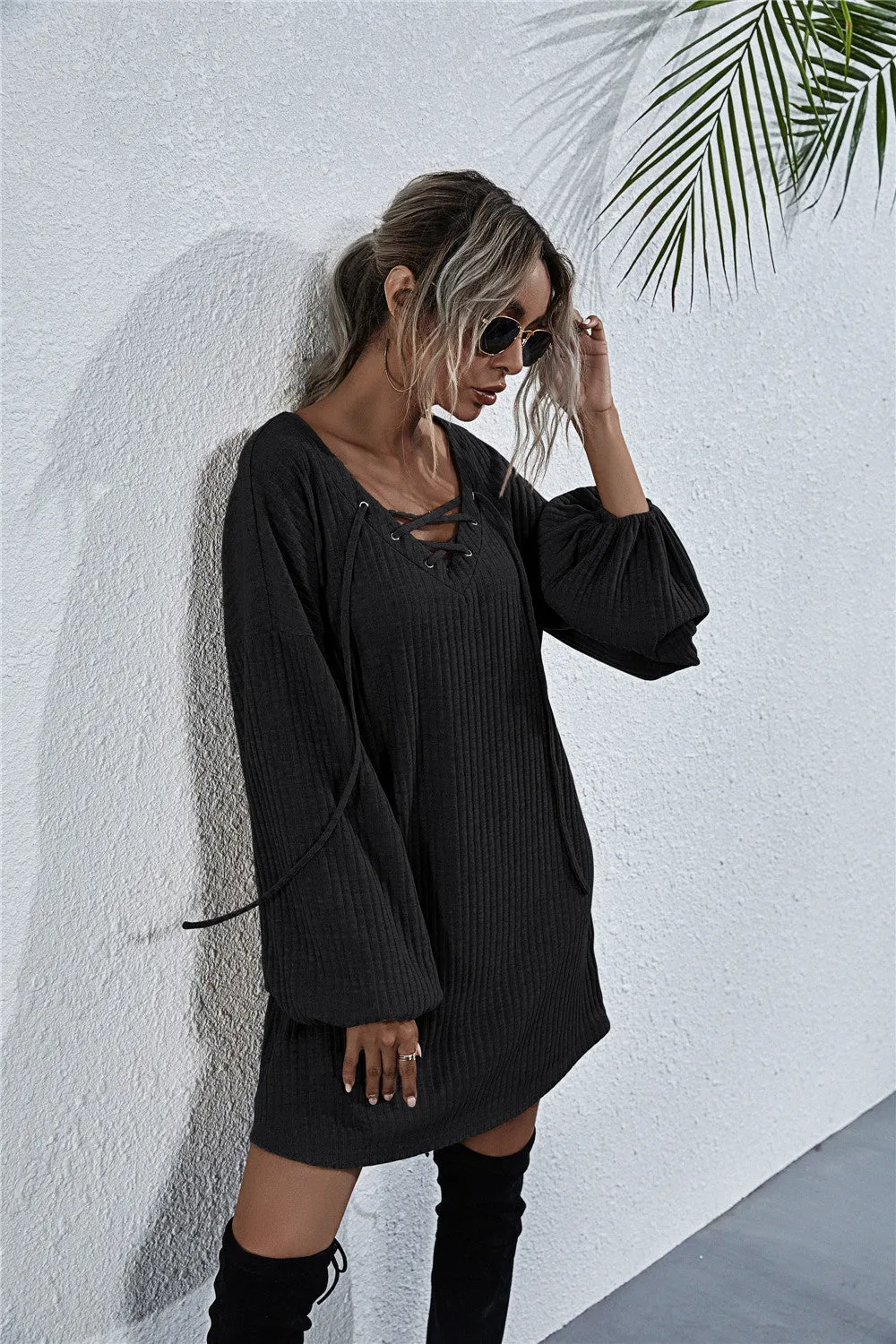 V-neck Lace Up Knit Dress