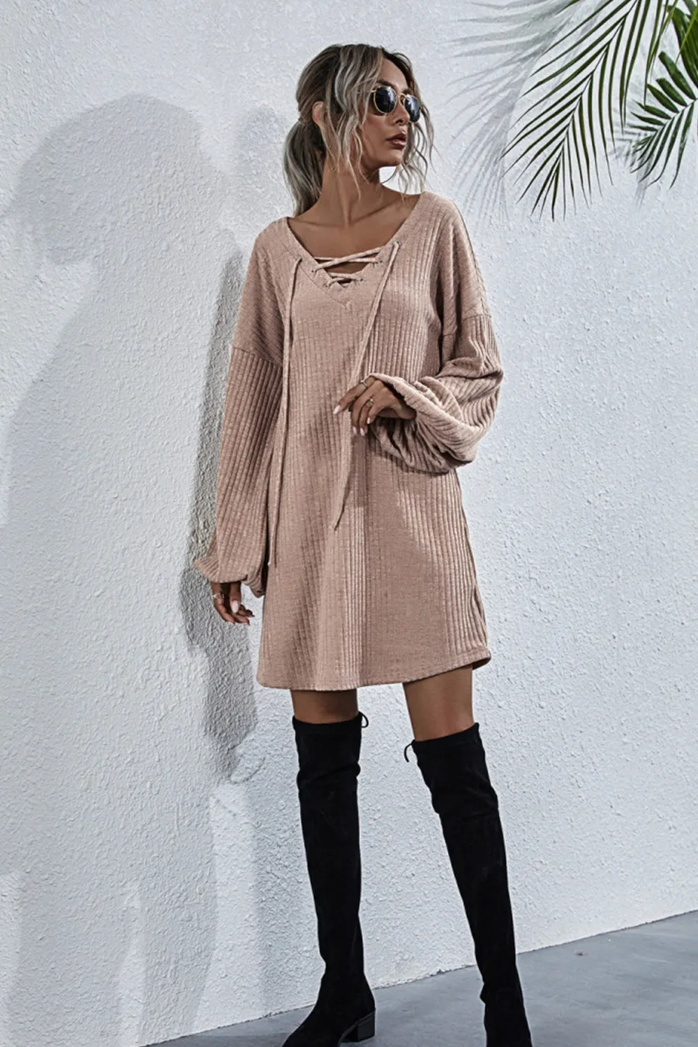 V-neck Lace Up Knit Dress