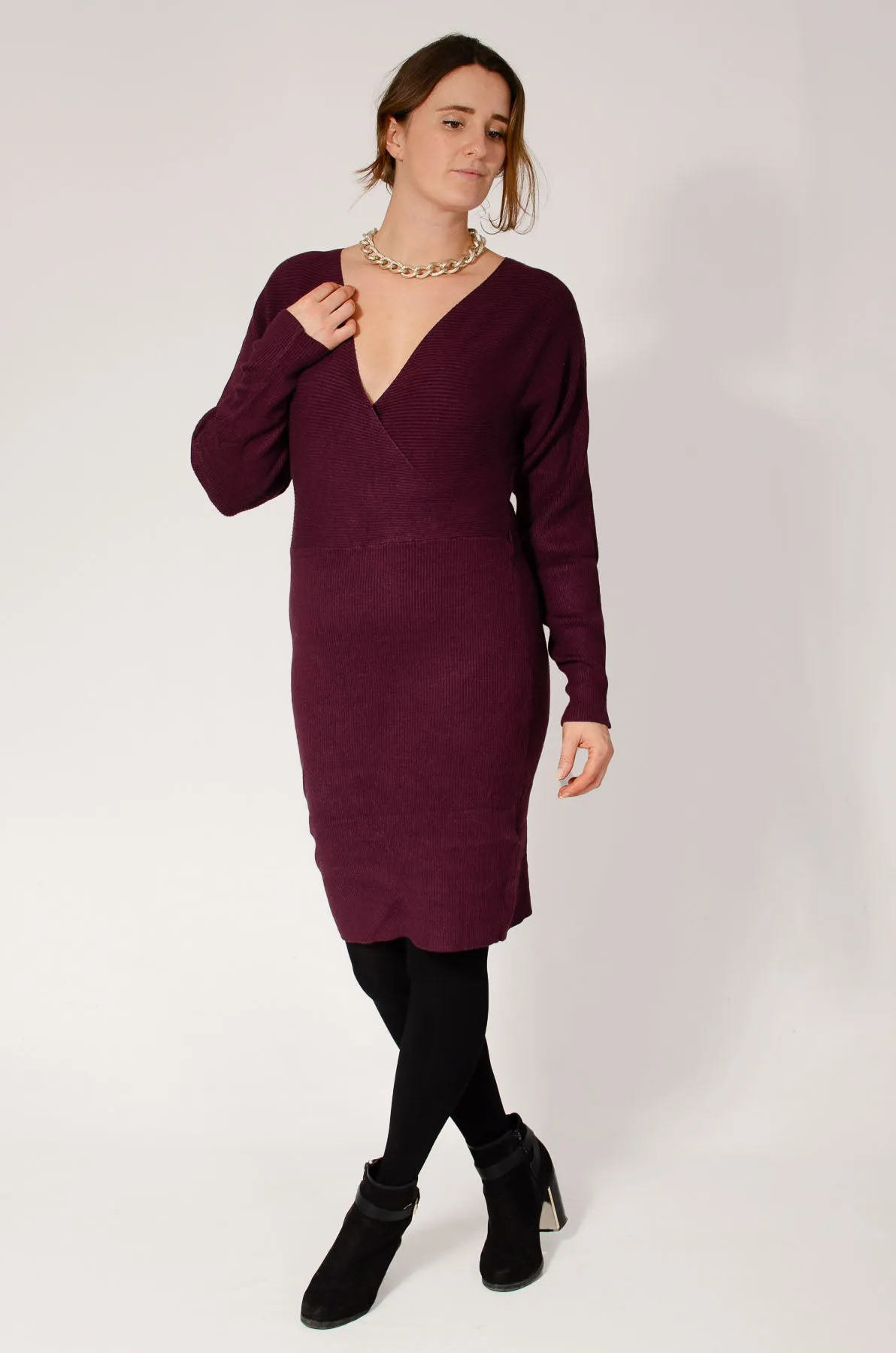 V Neck Ribbed Jumper Dress