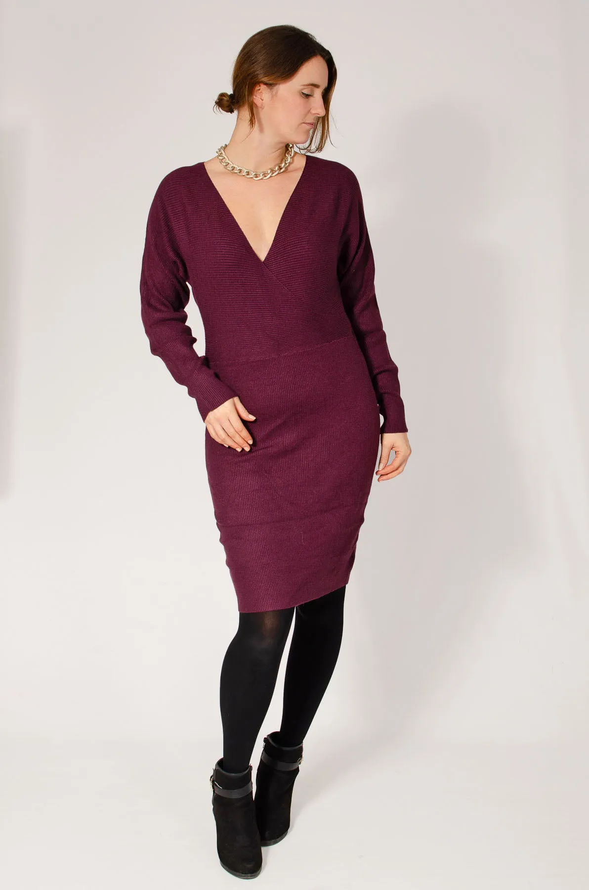 V Neck Ribbed Jumper Dress