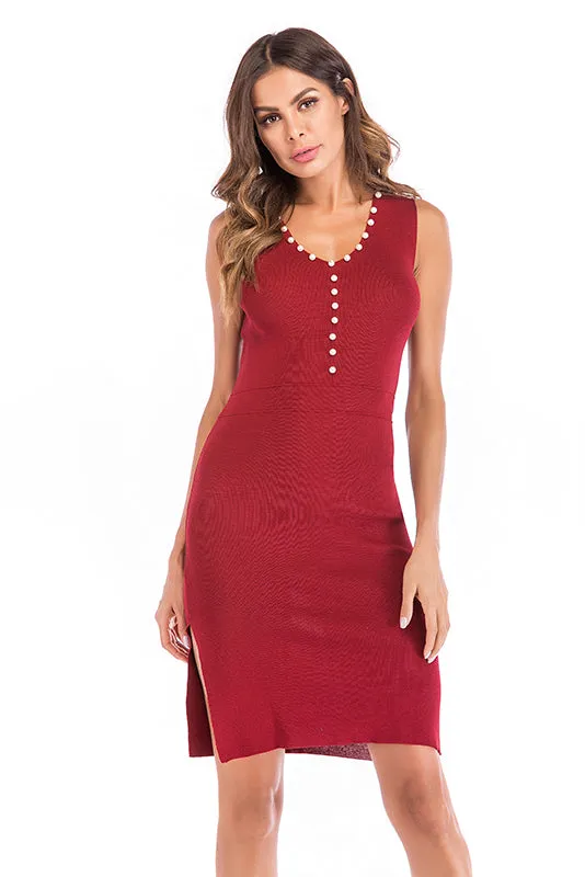 V Neck Slit Beaded Knit Fitted Dress