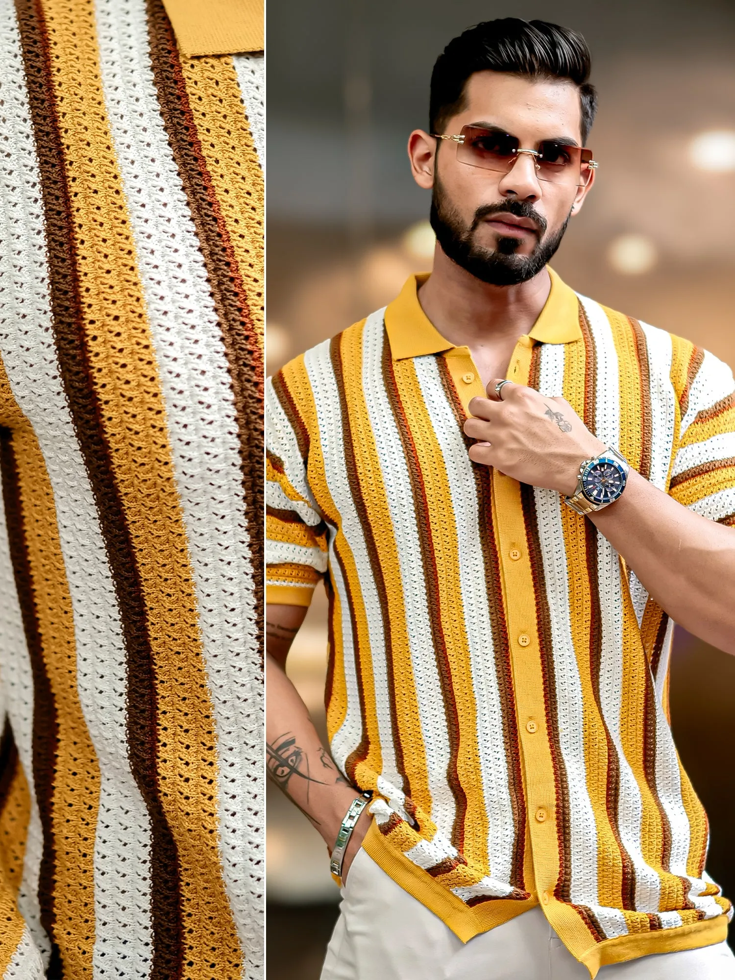 Vertical Stripe FlatKnit Cotton Mustard Shirt