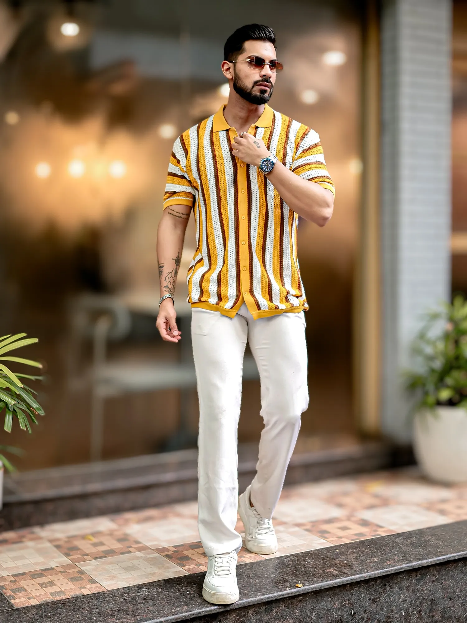 Vertical Stripe FlatKnit Cotton Mustard Shirt