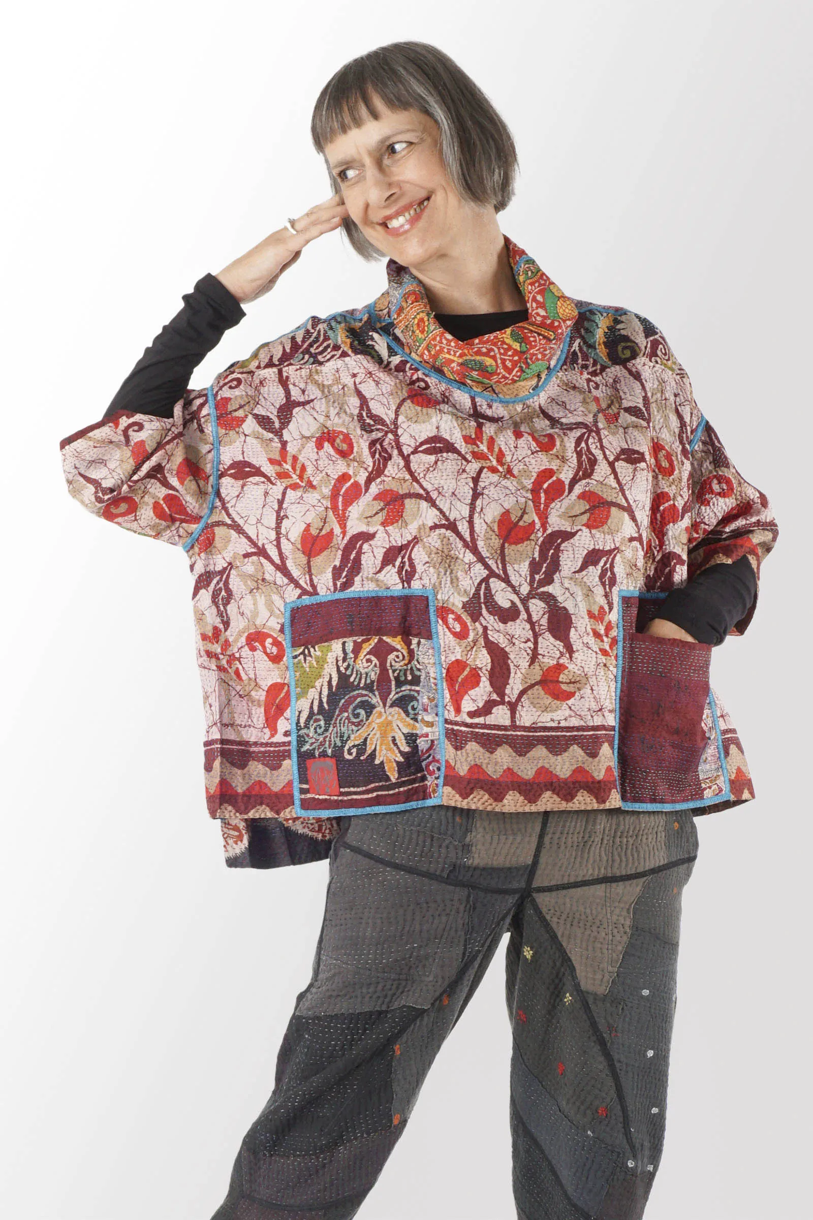 VINTAGE SILK KANTHA COWL NECK PONCHO - sv2061-0001a -