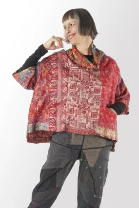 VINTAGE SILK KANTHA COWL NECK PONCHO - sv2061-0001a -