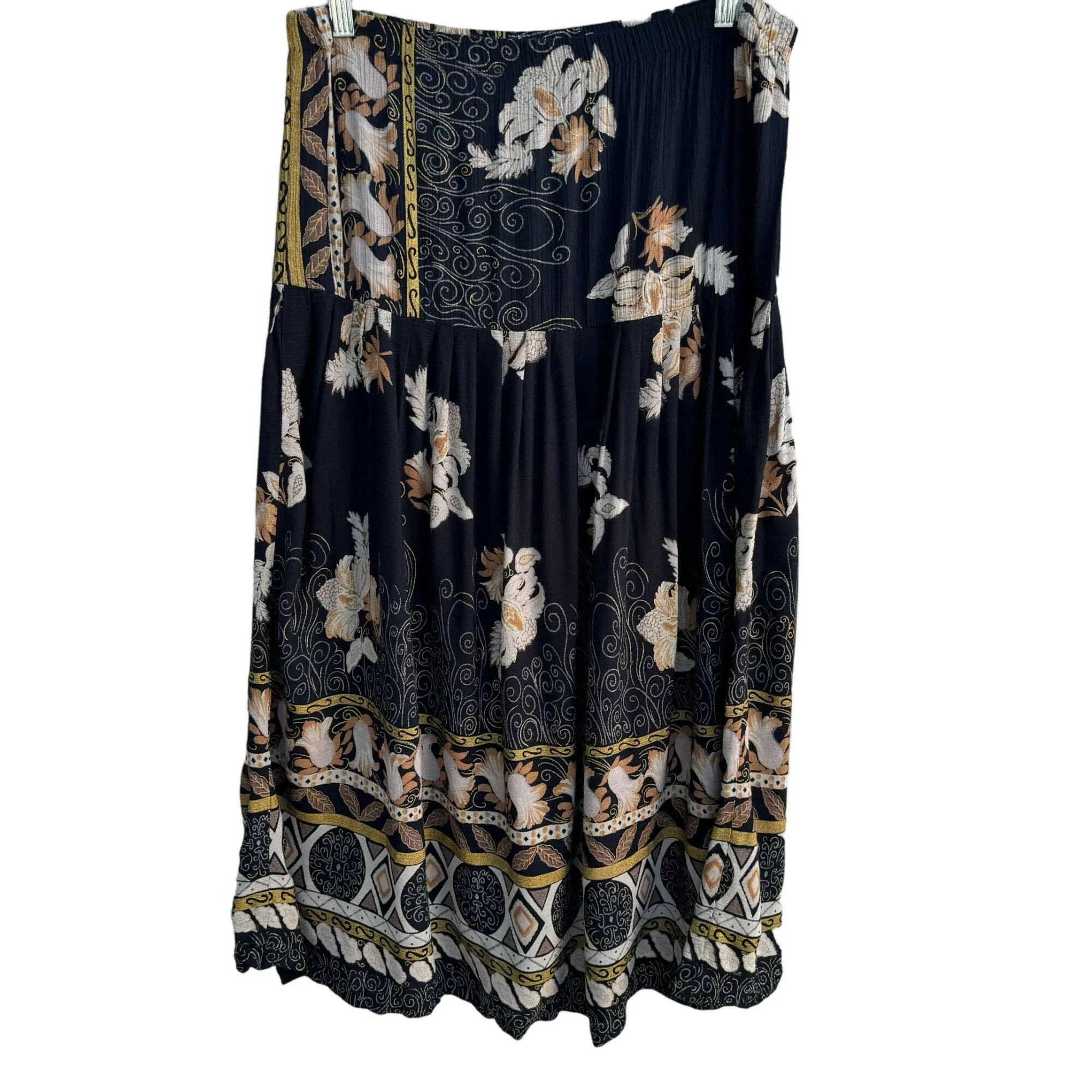 Vintage Women's Black Floral Print Boho Drop Waist Pleated Full Midi Skirt -M